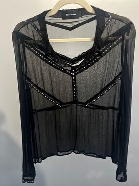 The Kooples Black Sheer Embellished Long-Sleeve Blouse